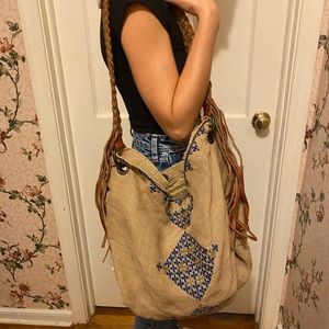 Lucky Brand Burlap Tote with Braided Leather Strap